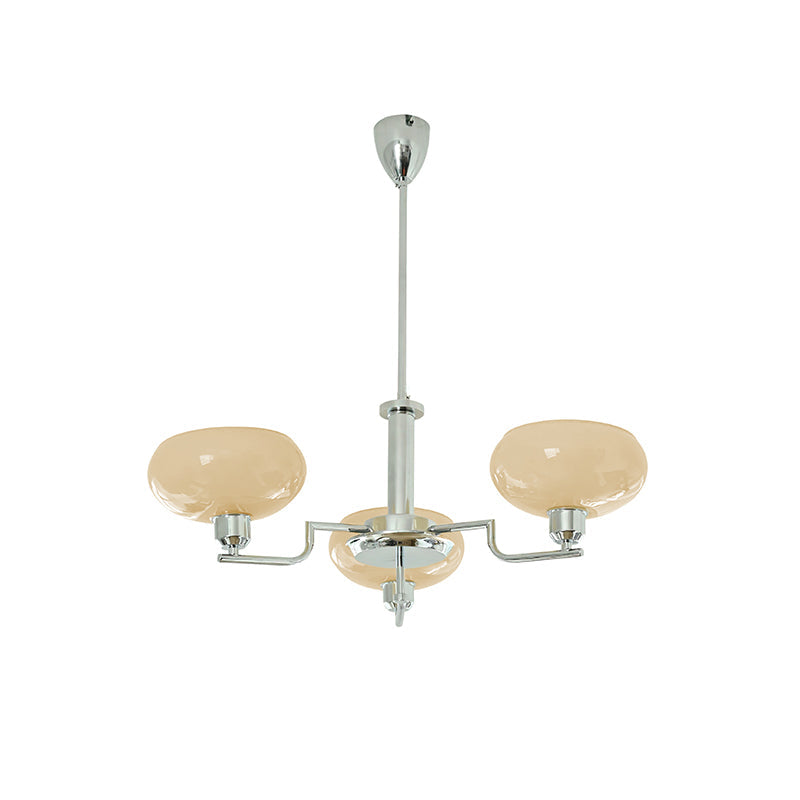 Three-head chrome Clérachic chandelier on white, pale amber glass domes and a polished silver rod.
