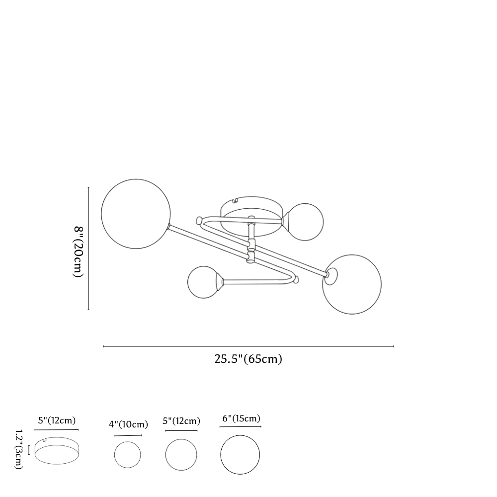 Clérachic ceiling light dimension drawing, 4 Heads, every measurement marked in centimetres and inches.