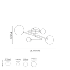 Clérachic ceiling light dimension drawing, 4 Heads, every measurement marked in centimetres and inches.