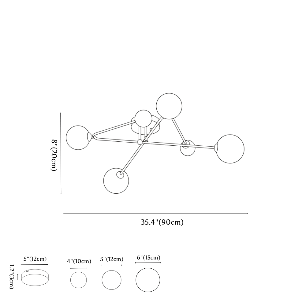 Clérachic ceiling light dimension drawing, 6 Heads, every measurement marked in centimetres and inches.