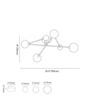 Clérachic ceiling light dimension drawing, 6 Heads, every measurement marked in centimetres and inches.