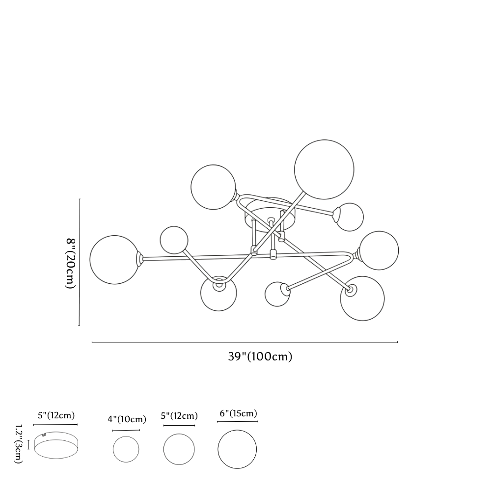 Clérachic ceiling light dimension drawing, 100 cm wide version, every measurement marked in centimetres and inches.
