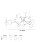 Clérachic ceiling light dimension drawing, 100 cm wide version, every measurement marked in centimetres and inches.