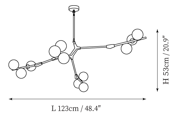 Clérachic pendant light dimension drawing, 1 of 2, every measurement marked in centimetres and inches.