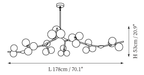Clérachic pendant light dimension drawing, 2 of 2, every measurement marked in centimetres and inches.