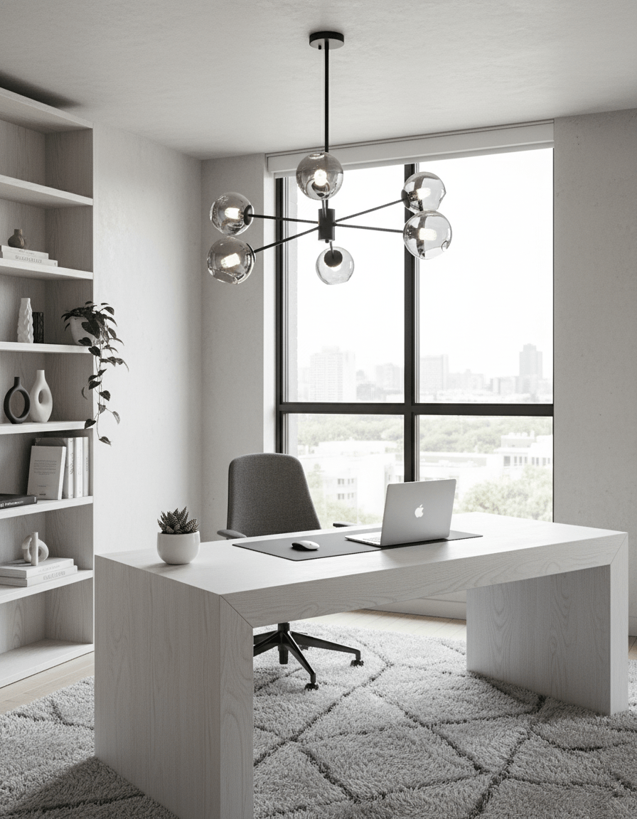 Black chandelier from Clérachic hung in a home office with a white desk, built-in shelves and a large window behind it.