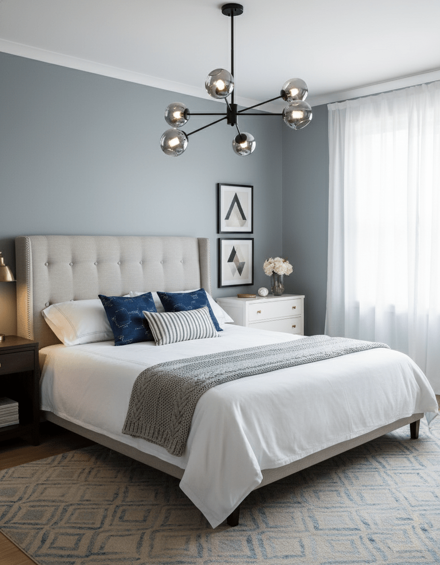 Six-globe black chandelier from Clérachic above a bed with a tufted headboard and navy cushions, in a blue-grey bedroom.