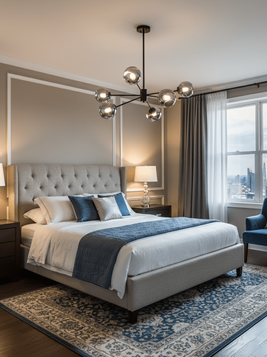Clérachic chandelier with black arms and smoked glass globes lit above a grey bed with a navy throw and a patterned rug.