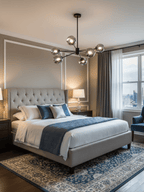 Clérachic chandelier with black arms and smoked glass globes lit above a grey bed with a navy throw and a patterned rug.