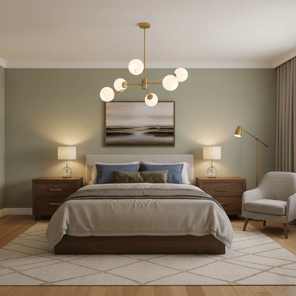 Gold six-light chandelier from Clérachic with white globes above a bed with bedside lamps, in a sage-green bedroom.