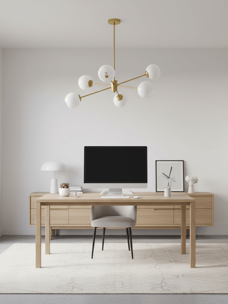 Gold-finish Clérachic chandelier with six white globes above a light oak desk with a monitor, in a calm, pale home office.