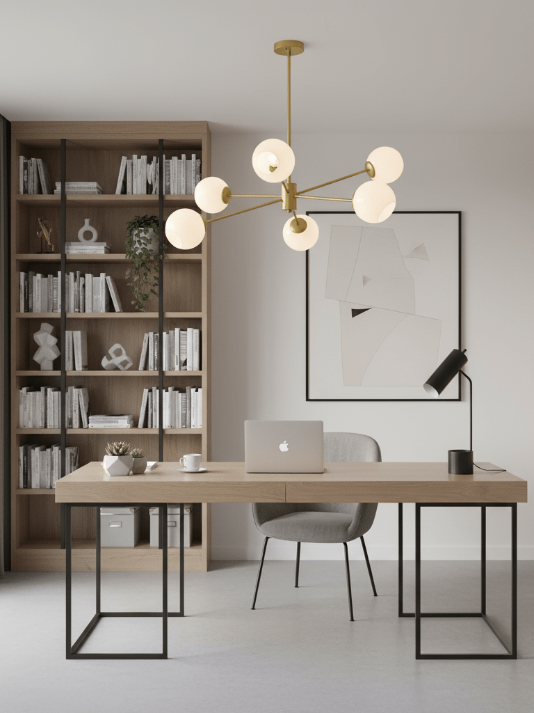 Gold chandelier from Clérachic with white globes hung above a desk with a laptop, beside a tall bookcase and a framed print.