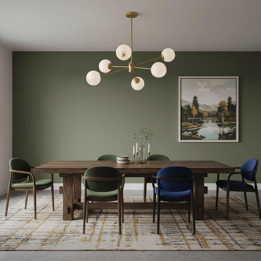 Gold-finish chandelier from Clérachic with six white globes over a long wooden table with green and navy chairs, in front of a green wall.