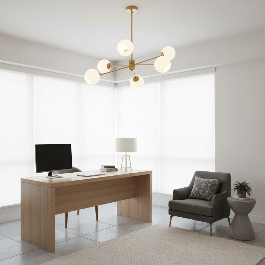Gold six-light Clérachic chandelier with white globes in a bright corner office with a wooden desk, a monitor and a grey armchair.