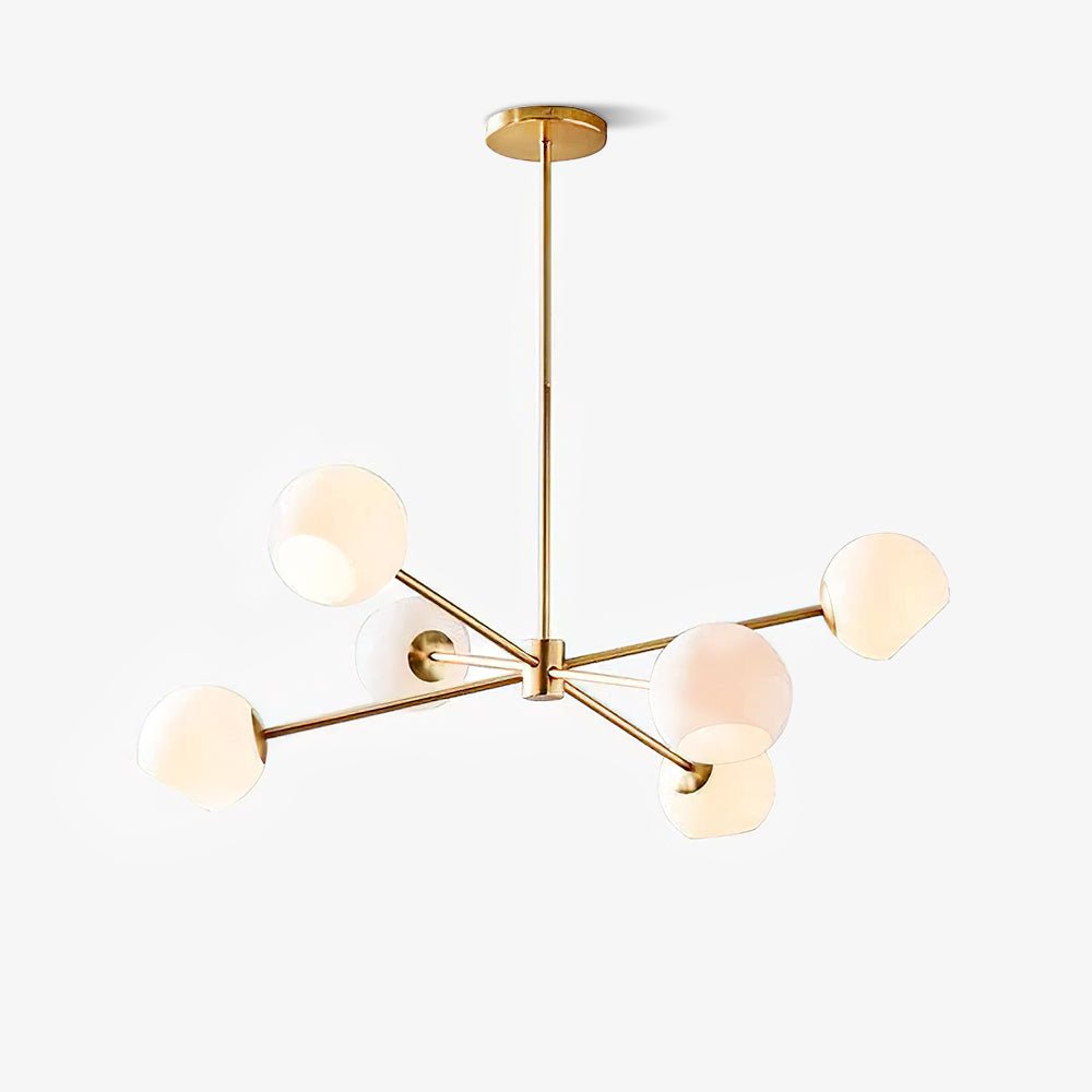 Gold-finish Clérachic chandelier with six white globes on slender arms, hung from a single rod on a plain white background.