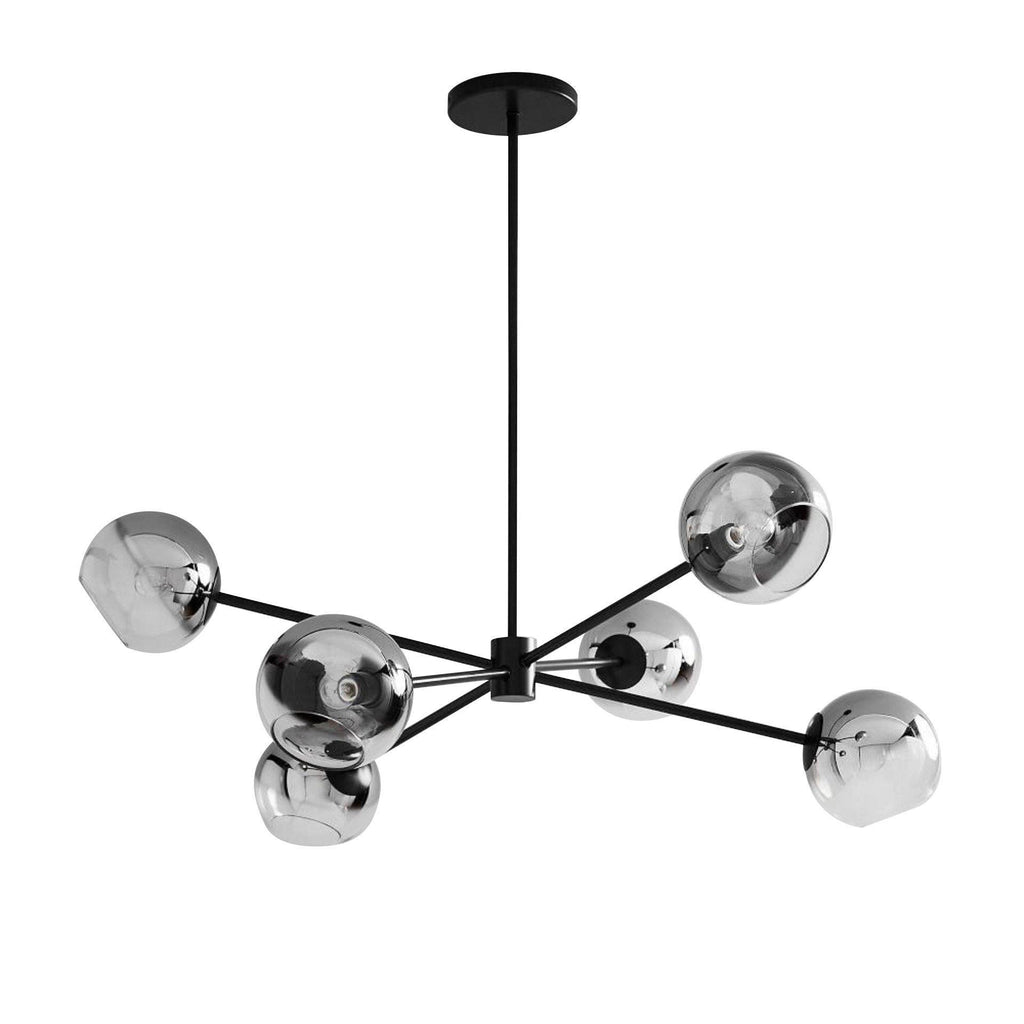 Black Clérachic chandelier with six mirrored smoked globes on a slim rod and a round black canopy, on a white background.