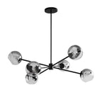Black Clérachic chandelier with six mirrored smoked globes on a slim rod and a round black canopy, on a white background.