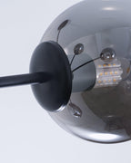 Close view inside a smoked glass globe on this Clérachic chandelier, with the black socket cup and a bulb visible.