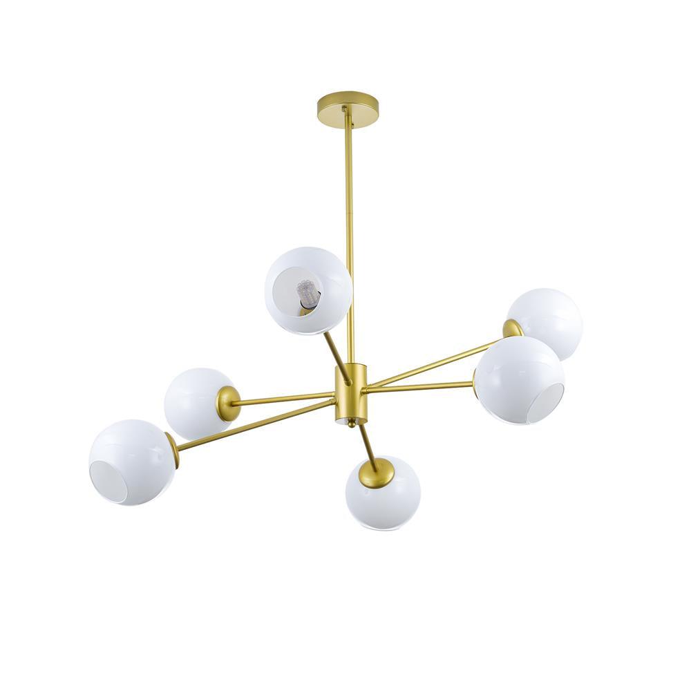 Gold chandelier from Clérachic with six white globes, one with a bulb showing, seen from the side on a white background.