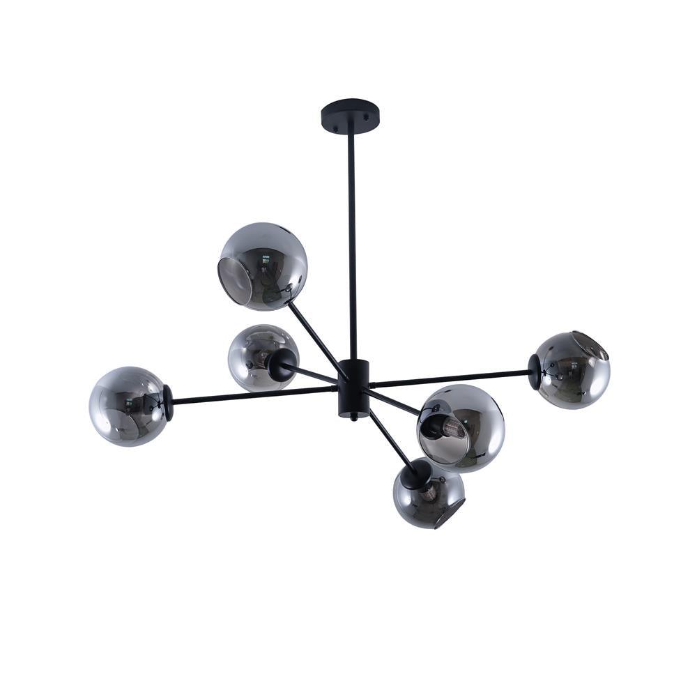 Black Clérachic chandelier with six smoked glass globes on black arms, hung from a round black canopy on white.