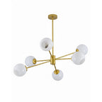 Gold-finish chandelier from Clérachic with six white globes and a gold rod, on a bright white backdrop.
