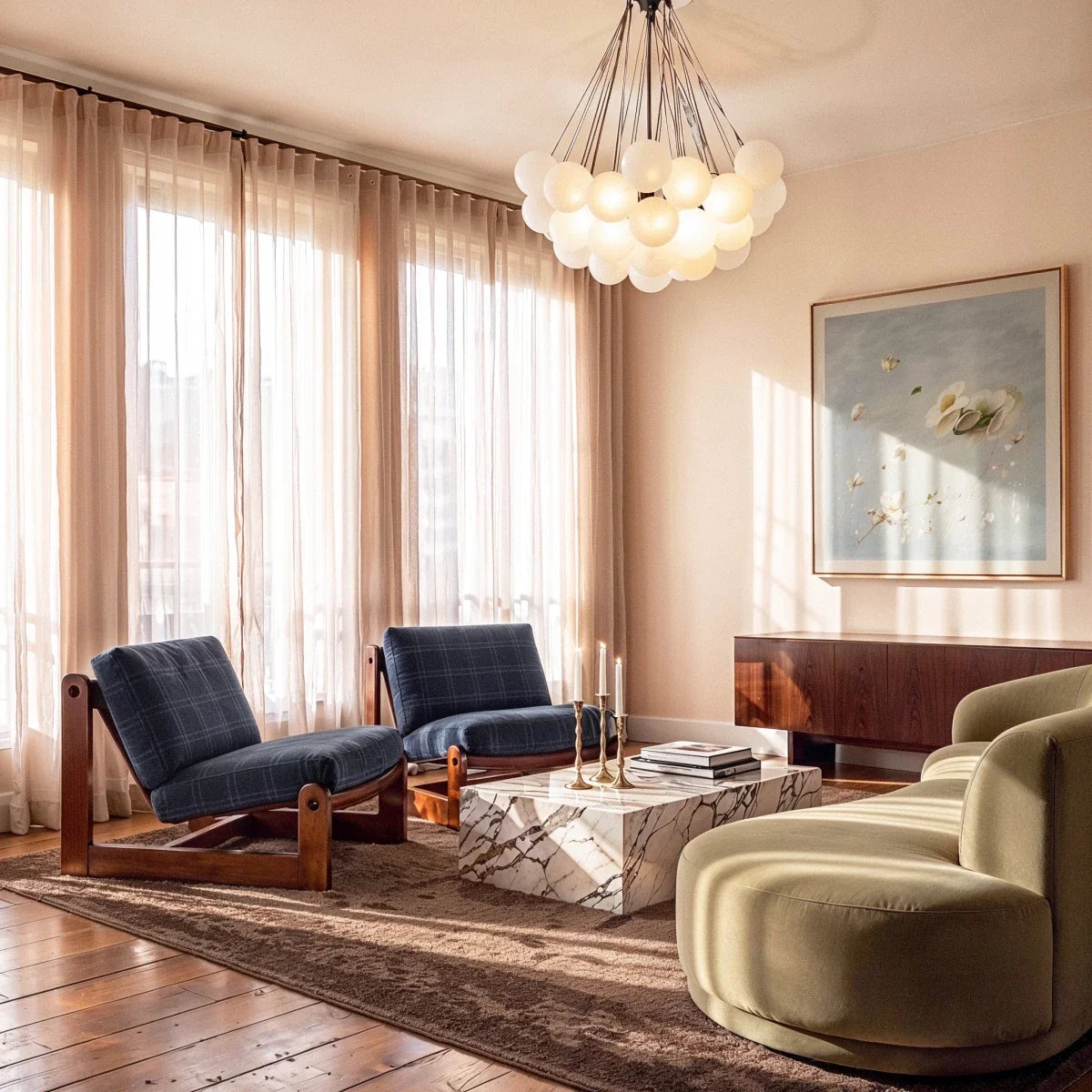Clérachic larger black cluster chandelier with frosted glass spheres in a sunlit living room with marble table and armchairs.