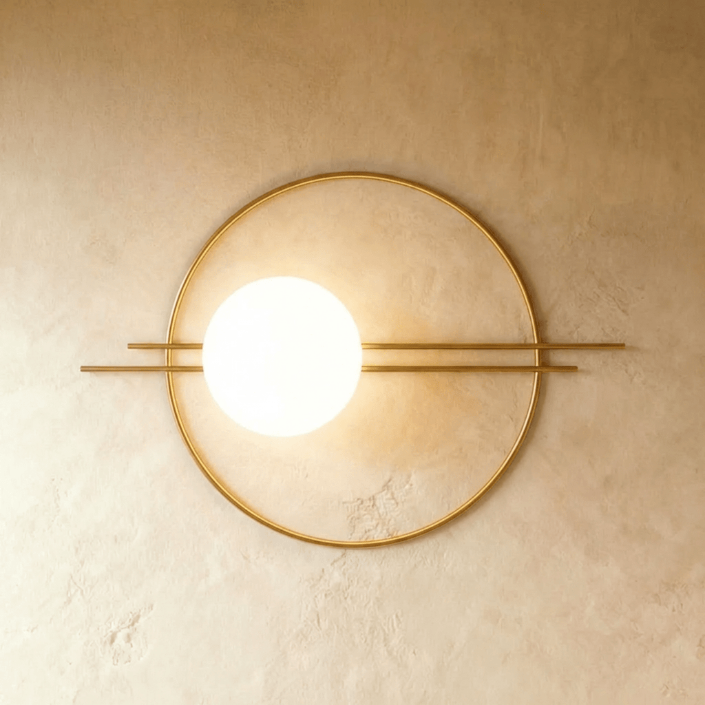 Clérachic wall lamp in gold, the wide ring and paired rods with the lit sphere placed about a third of the way in from the left.