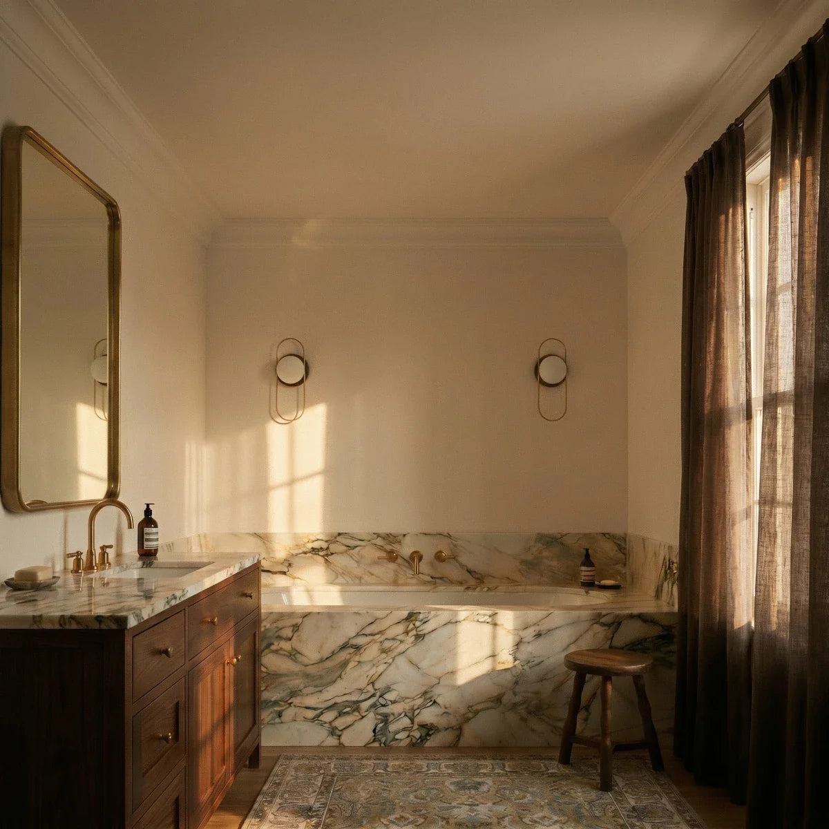 Clérachic the wall lamps in gold, a pair mounted level on the back wall above a marble bathtub in afternoon daylight.