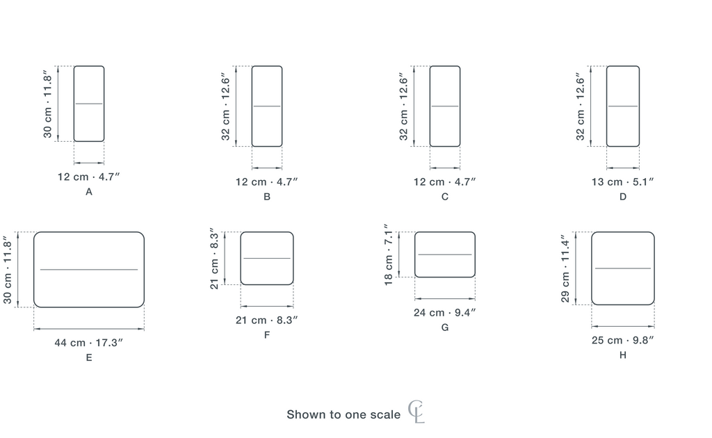 Technical dimension drawing of the Frosted Glass Wall Light in all 8 shapes — A 12 × 30 cm (4.7 × 11.8″), B 12 × 32 cm (4.7 × 12.6″), C 12 × 32 cm, D 13 × 32 cm (5.1 × 12.6″), E 44 × 30 cm (17.3 × 11.8″), F 21 × 21 cm (8.3 × 8.3″), G 24 × 18 cm (9.4 × 7.1″), H 25 × 29 cm (9.8 × 11.4″), drawn to one scale.