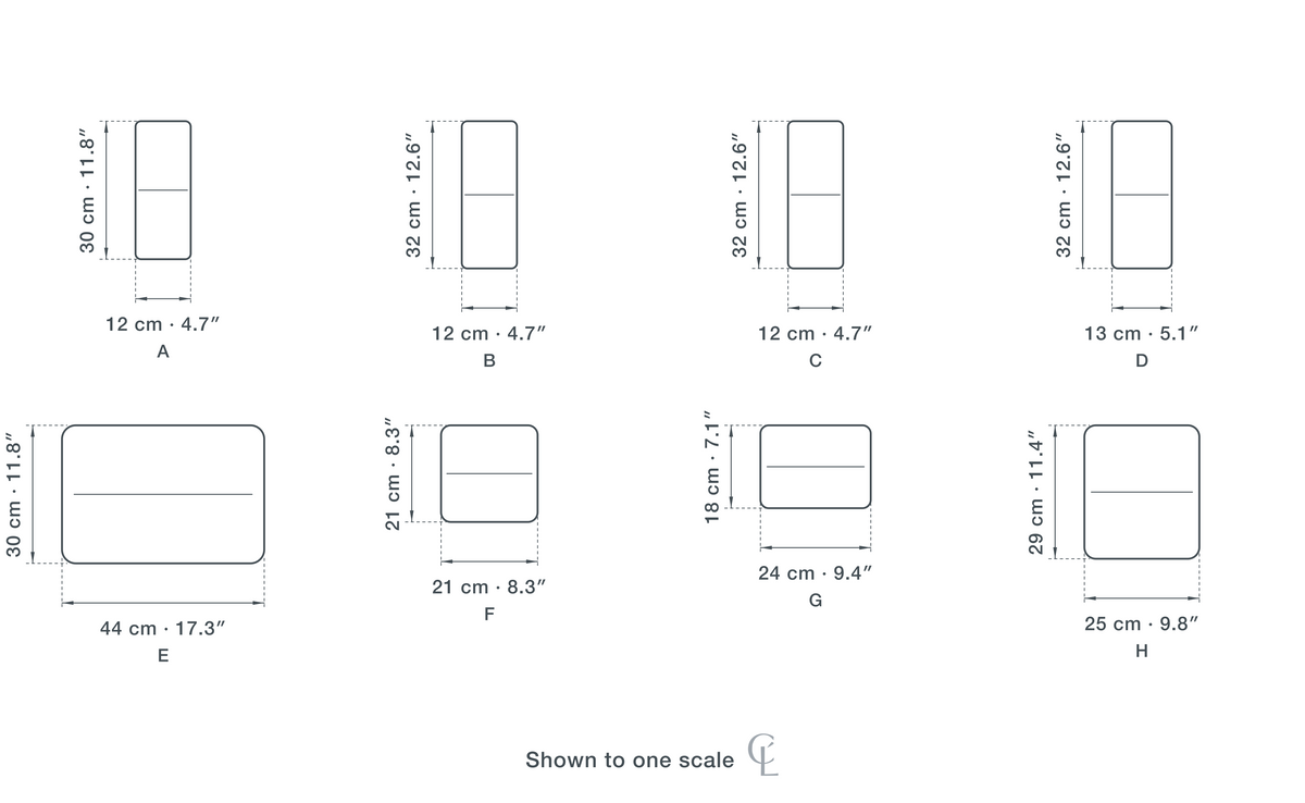 Technical dimension drawing of the Frosted Glass Wall Light in all 8 shapes — A 12 × 30 cm (4.7 × 11.8″), B 12 × 32 cm (4.7 × 12.6″), C 12 × 32 cm, D 13 × 32 cm (5.1 × 12.6″), E 44 × 30 cm (17.3 × 11.8″), F 21 × 21 cm (8.3 × 8.3″), G 24 × 18 cm (9.4 × 7.1″), H 25 × 29 cm (9.8 × 11.4″), drawn to one scale.