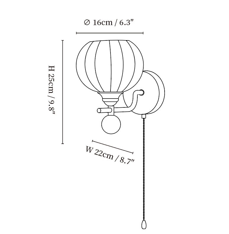 Clérachic wall light dimension drawing, 1 of 2, every measurement marked in centimetres and inches.