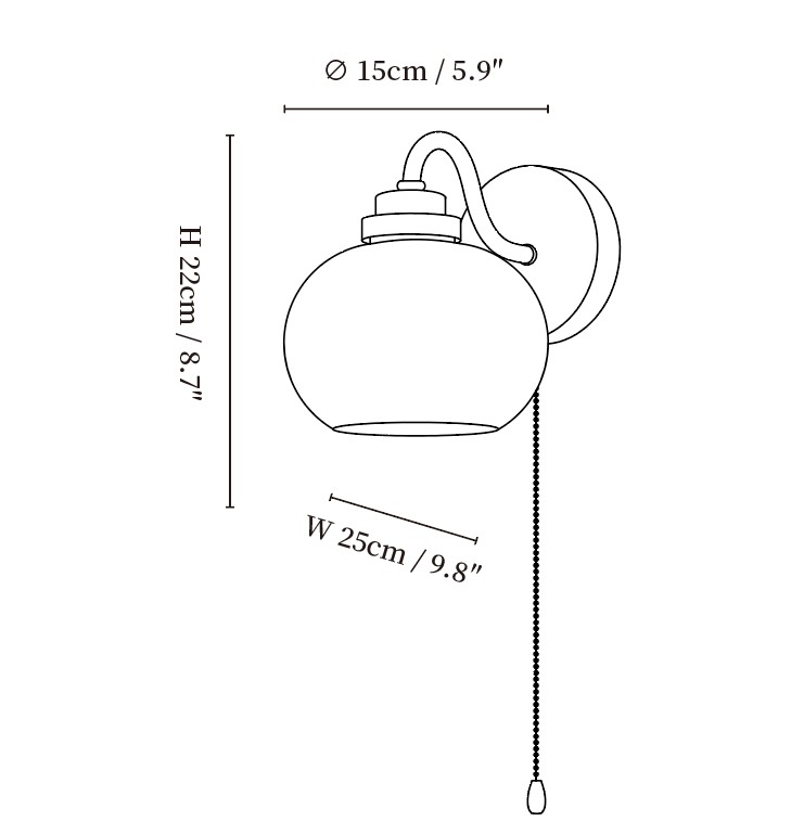 Clérachic wall light dimension drawing, 2 of 2, every measurement marked in centimetres and inches.