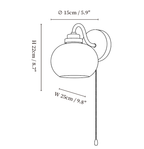 Clérachic wall light dimension drawing, 2 of 2, every measurement marked in centimetres and inches.