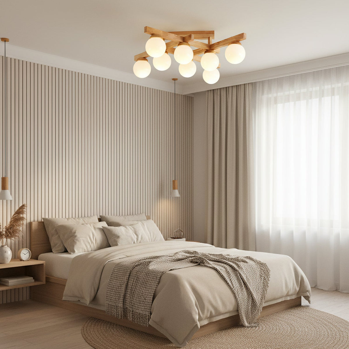 This Clérachic ceiling light with eight frosted globes lit above a bed with beige bedding, ribbed wall panelling and floor-length curtains.