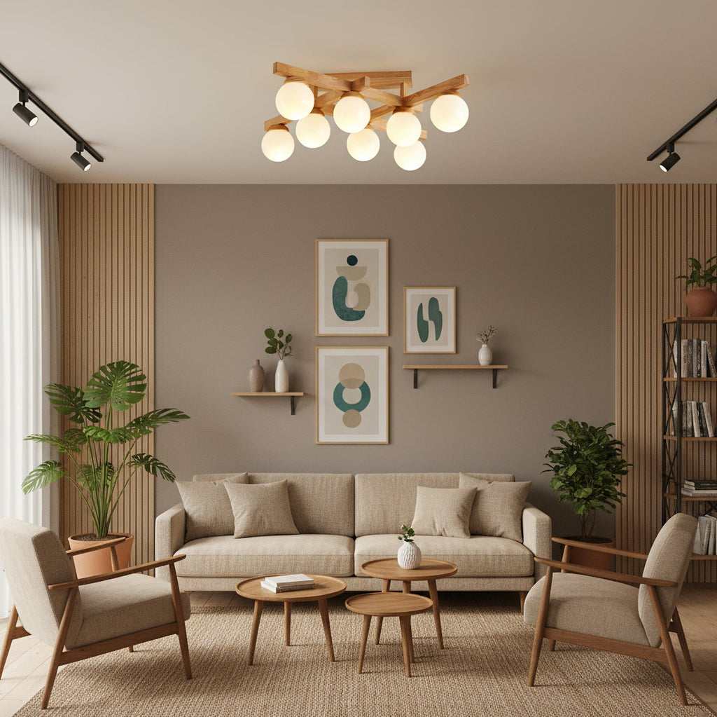 Wood and frosted glass Clérachic ceiling light in a living room with a linen sofa, two armchairs, round side tables and a large leafy plant.