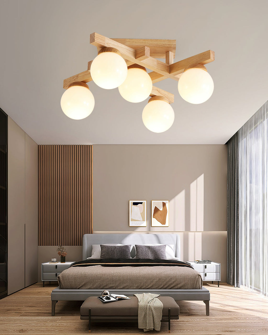 Five-globe Clérachic ceiling light lit above a bedroom with a grey upholstered bed, a bench at its foot and a wood-slatted feature wall.