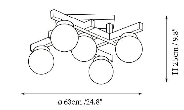 Clérachic ceiling light dimension drawing, 1 of 2, every measurement marked in centimetres and inches.