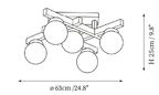 Clérachic ceiling light dimension drawing, 1 of 2, every measurement marked in centimetres and inches.