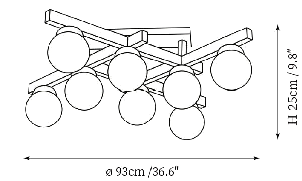 Clérachic ceiling light dimension drawing, 2 of 2, every measurement marked in centimetres and inches.