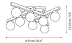 Clérachic ceiling light dimension drawing, 2 of 2, every measurement marked in centimetres and inches.
