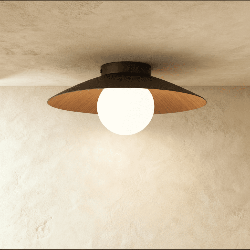Clérachic flush ceiling light with a broad dark brown disc shade, wood-grain underside and a lit opal glass globe, on plaster.