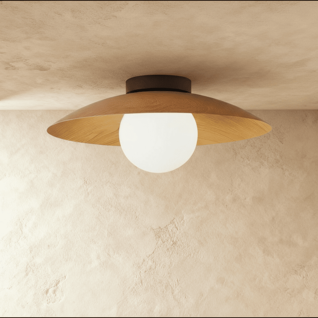 Clérachic flush ceiling light with a broad wood-grain disc shade over a glowing opal glass globe, mounted on a plaster ceiling.