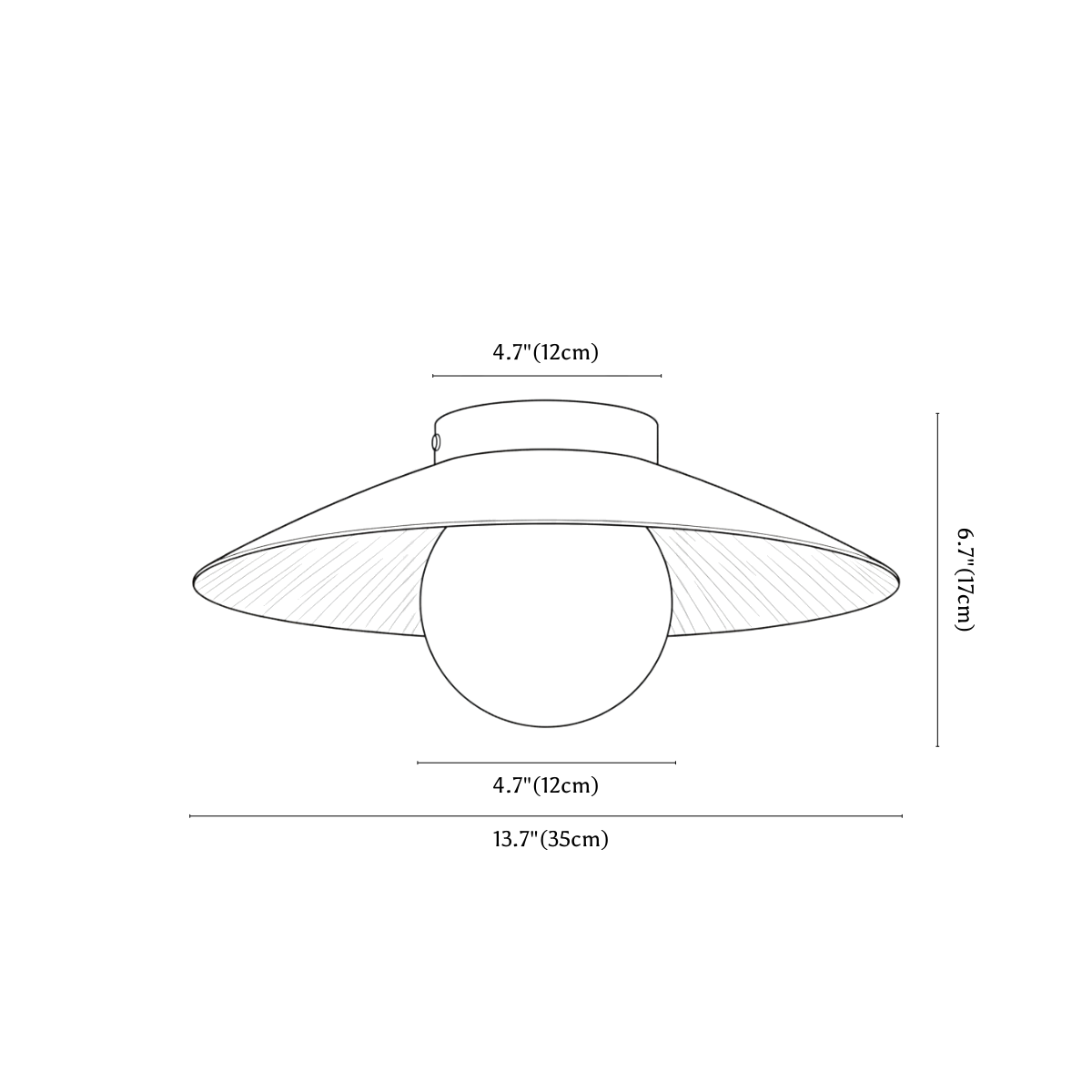 Clérachic ceiling light dimension drawing, every measurement marked in centimetres and inches.