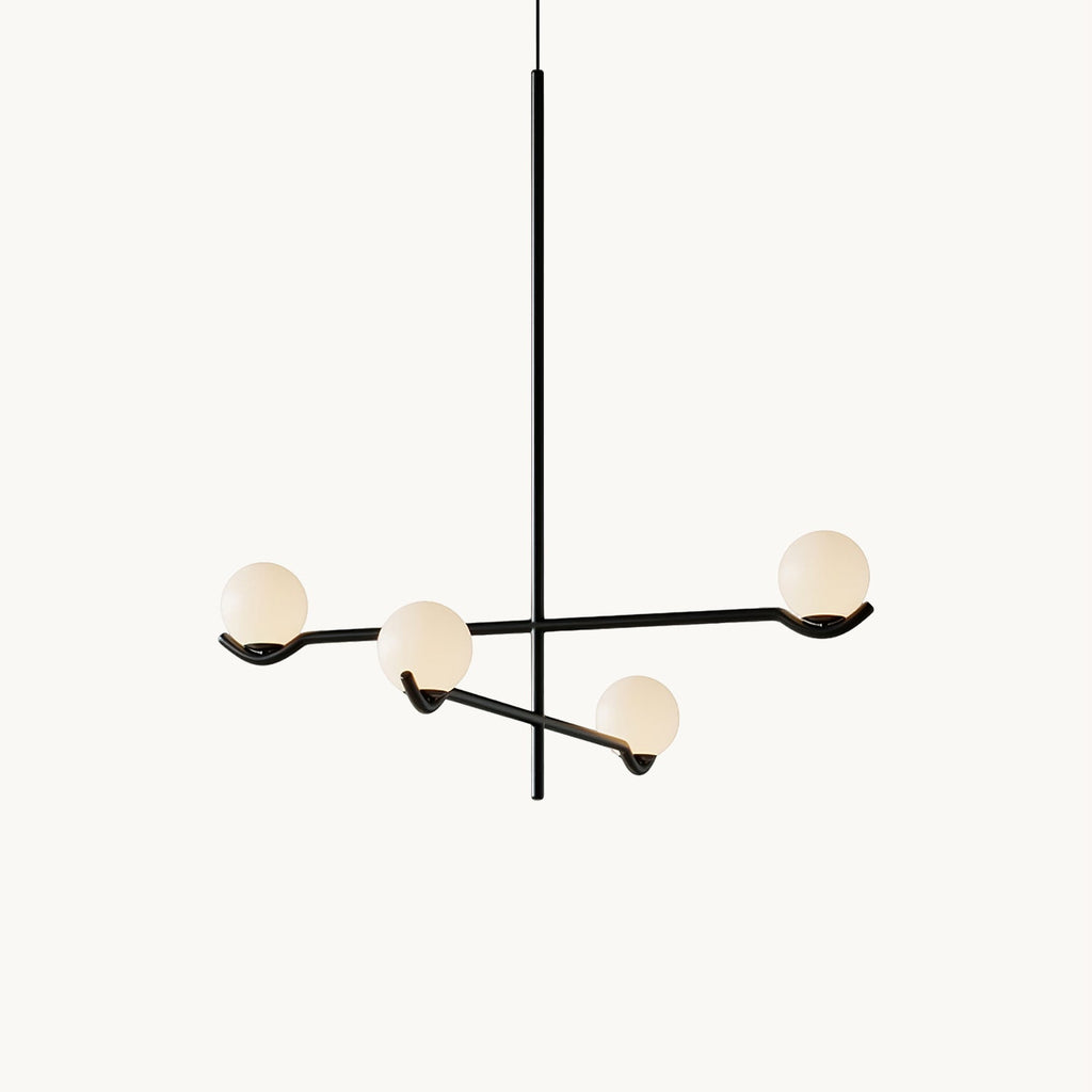 This Clérachic chandelier on a plain white backdrop, with four frosted globes on black arms off a slim central rod.