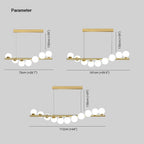 Dimension drawing for the Clérachic Frosted Globe Linear Pendant Light showing 73, 101, and 112 cm (28.7″, 39.5″, 44″) bar lengths with 150 cm (59″) drop.