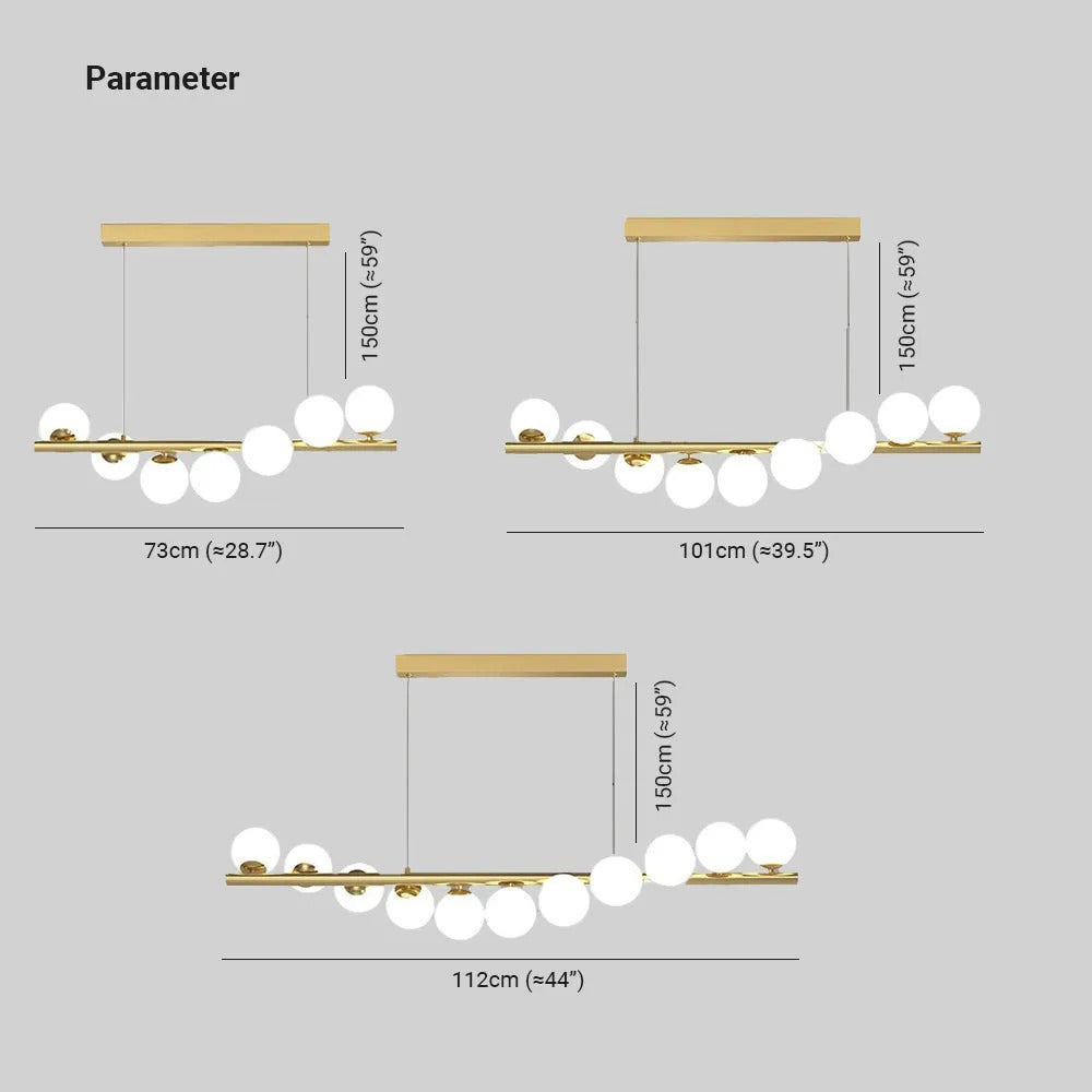 Dimension drawing for the Clérachic Frosted Globe Linear Pendant Light showing 73, 101, and 112 cm (28.7″, 39.5″, 44″) bar lengths with 150 cm (59″) drop.