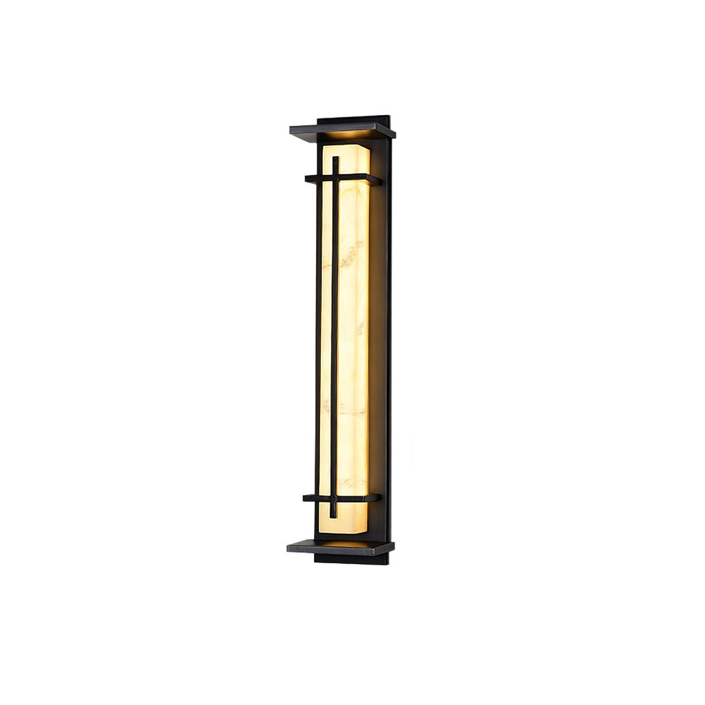 Front view of an unlit wall light with a pale veined shade and dark metal frame, on a white background; from Clérachic.