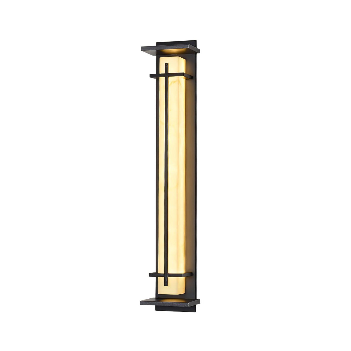 Straight-on view of a lit Clérachic wall light with a warm glowing shade between two dark metal bars, on white.