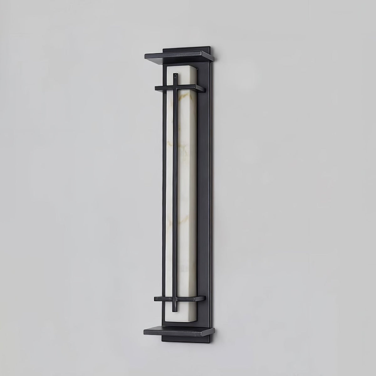 Unlit tall wall light with a marbled pale shade behind slim dark bars, shown on a pale grey wall; a Clérachic design.