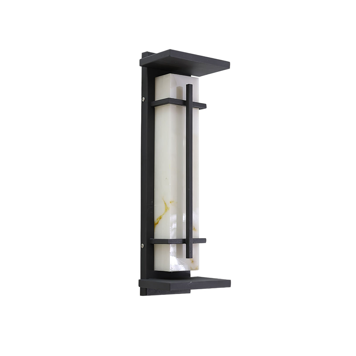 Three-quarter view of an unlit wall light on white, showing the marbled pale shade and the dark frame's top and base plates; Clérachic.